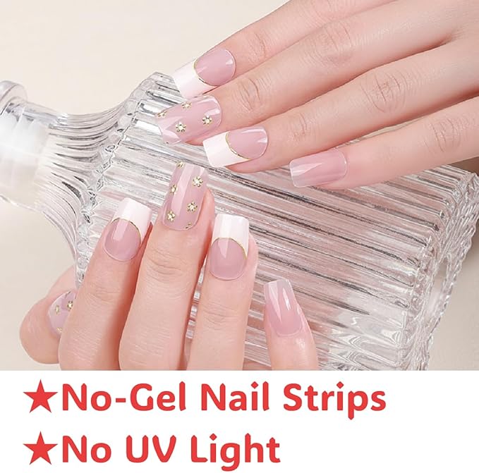 16pcs Gel Nail Strips - Nail Wraps Kit for Women Girls, No UV Light Needed, Natural Looking Manicure Full Cover Fake Nails Short Art Decor(White French Tip)
