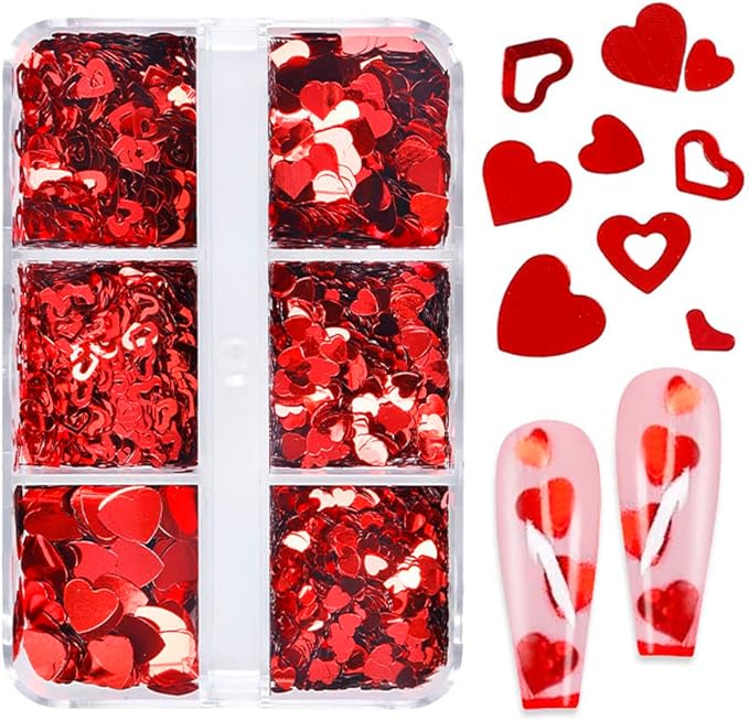 3D Nail Art Heart Red Sequin Valentine's Day Holographic Laser Romantic Stickers Nail Art Glitter Decoration Decals for Woman Girl 6 Grids