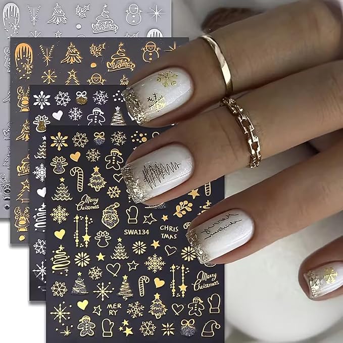 8 Sheets Christmas Nail Stickers for Nail Art, Cute Xmas Nail Decals 3D Self Adhesive Winter Nail Accessories Gingerbread Man Christmas Tree Snowflake Pattern Holiday Manicure Supplies for Women Girls