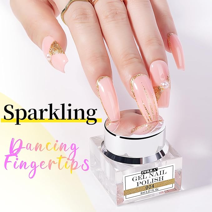 NXJ INFILILA Gold Glitter Gel Nail Polish, Reflective Shimmer Gold Gel Liner for Nail Art, Holographic Sparkle Long-lasting Color Soak Off UV Lamp Cured Gels for Art Manicure Salon DIY at Home B04