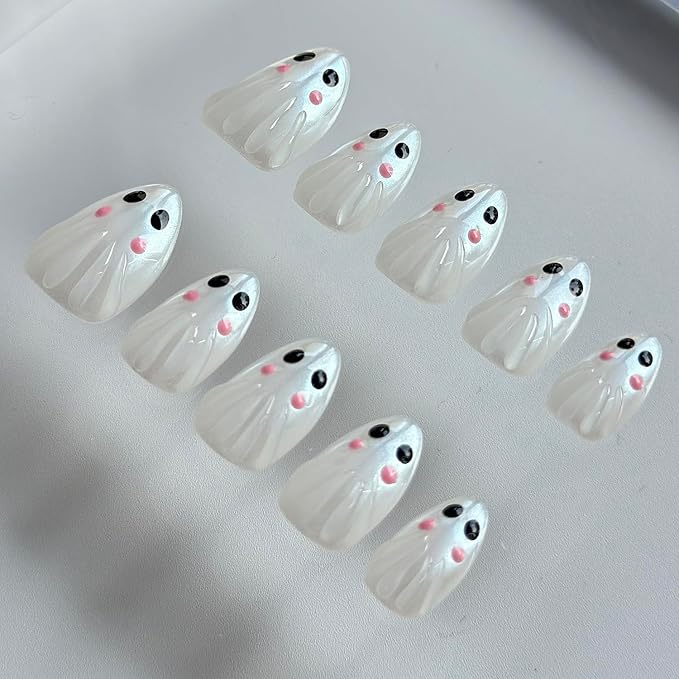 Halloween Press on Nails Medium Almond Handmade Nails 3D Unique Reusable ABS Material Luxury Fake Nails Chrome Cute Little Ghost False Nails with Designs Glossy Glue on Nails Thick Acrylic Nails(M)