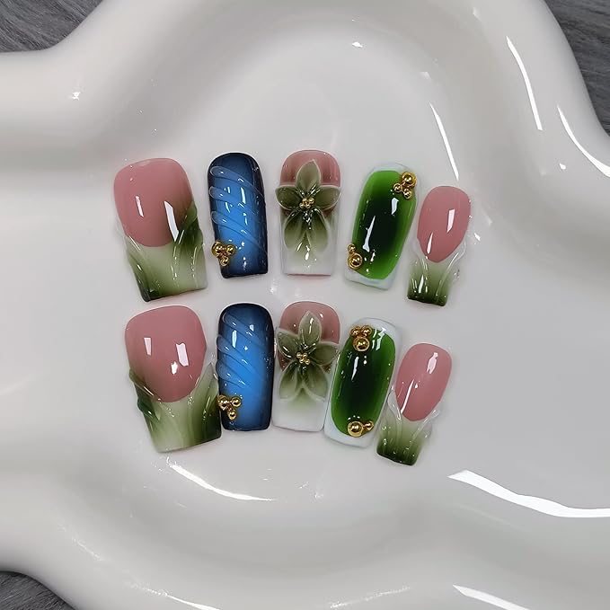 Glossy Handmade Press on Nails Medium Long Square - Icy French Green Blush 3D Floral Embossed Glossy False Nails for Women-Y2K Gradient Green Fake Nails for Winter Fall(S)