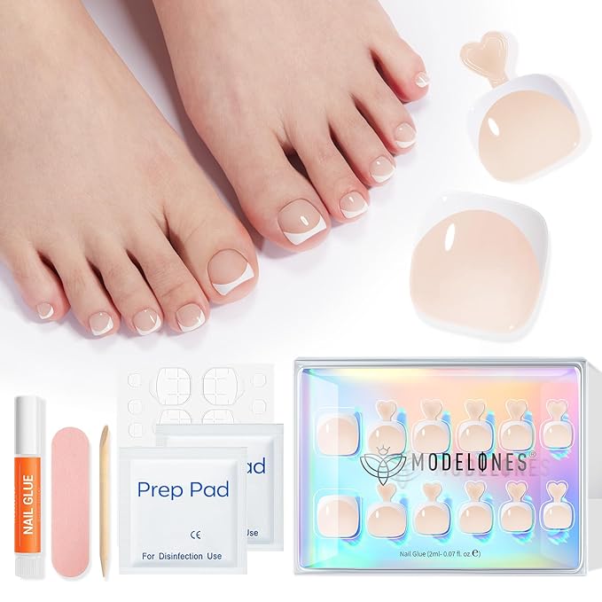 Modelones Press on Toenails Short, Nude French Tip Toe Nails Square, Reusable Nail Kit with Nail Glue Adhesive Tabs Mini Nail File, Toe Nails 36Pcs 18Sizes, Spring Women Girl Gift
