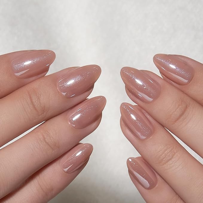 Curvlife Press On Nails Medium Almond Nude - Galaxy Cat Eye Press on Nails with Glue, Milky Tea Magnetic Glitter Glossy Fake Nails Long Lasting False Nail Tips for Women