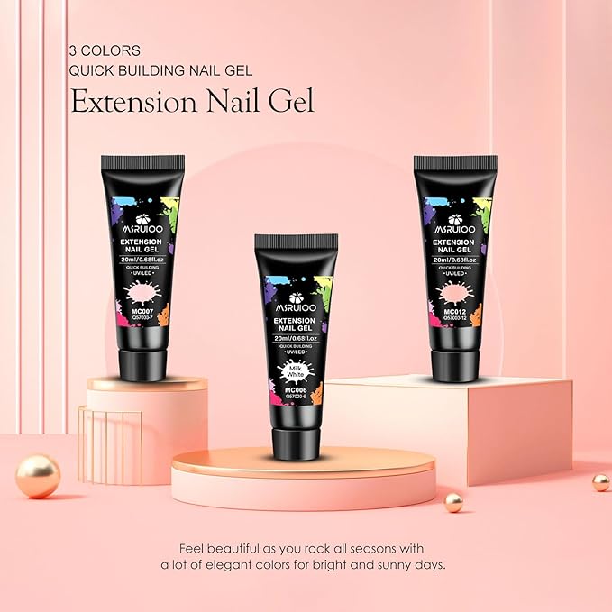 Poly Extension Gel Nail Kit, White Nude Pink Builder Enhancement Nail Gel with Dual-Ended Brush, Nail Dual Forms for Polygel Nail Art Salon DIY at Home Beginner Kit