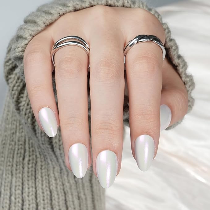 White Press On Nails Almond - White Almond Fake Nails, Short Press On Nails Chrome Reusable Stick On Nails in 16 Sizes, 32pcs False Nail Kit for Women & Girls(Pearl Whisper)