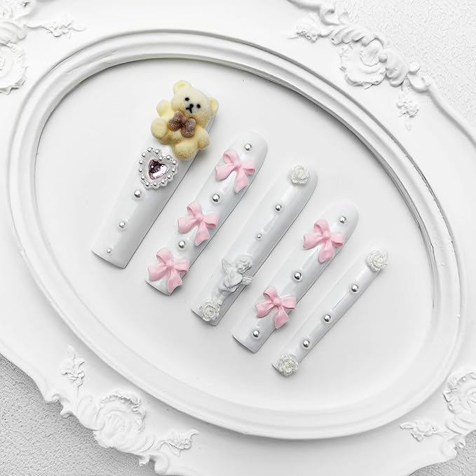 2025 White Long Nails with Cute Bear Rose Bow Design, Reusable PMMA Acrylic Handmade Nails Full Deluxe 3D Fake Nails with Pearls w/Box Ladies Gift (White, Medium)