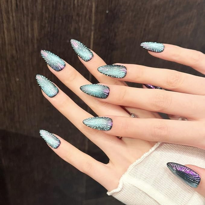 Handmade Press on Nails Popular Almond Shape with Ice Blue Cat Eye and Crushed Ice Design Handmade Stiletto Press on Nails 3D Cat Eye Press on Nail（M）
