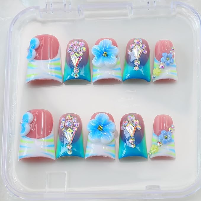 10Pcs Blue Green Duck Press on Nails Handmade Fake Nails Short French Tip False Nails with 3D Flower Rhinestone Design Acrylic Nails Press ons Summer Flower Nail Handmade Stick on Nail for Women (S)