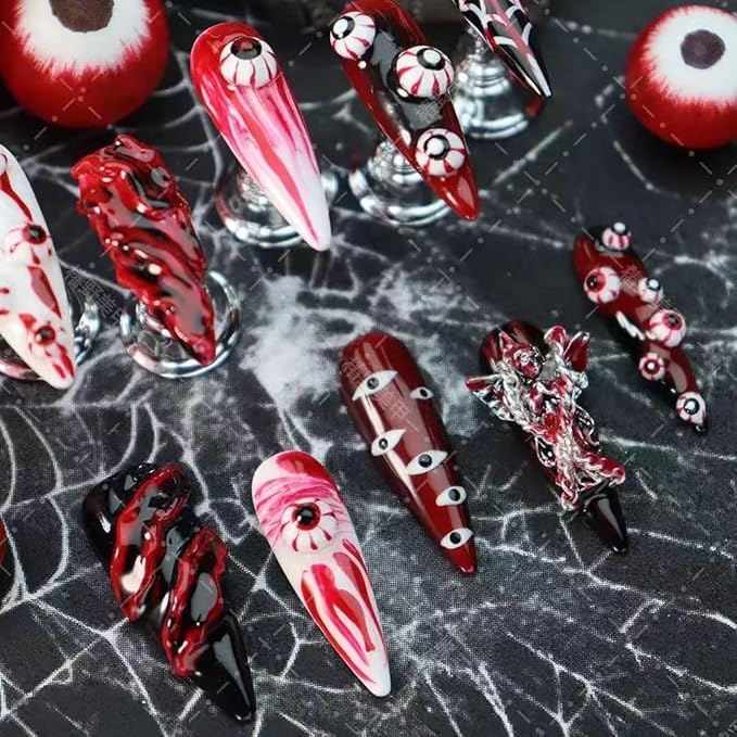 100% Handmade Press on Nails Halloween Long Stiletto Fake Nails with Red Evil Eye Design Spiderweb Glue on Nails Charms Gothic Halloween Nail Press ons Reusable Handmade Nail for Women Manicure Size L