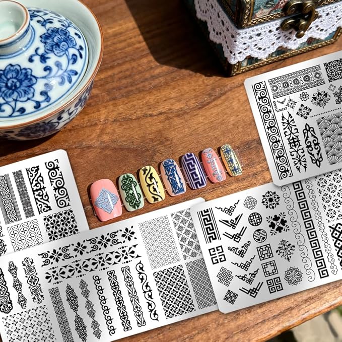 PH PandaHall 4pcs Chinese Style Patterns Nail Stamp Plate Retro Long Strip Nail Art Template Floral Motifs Nails Stencils Traditional Border Nails Image Plate for Women Manicure Tips Design Decoration