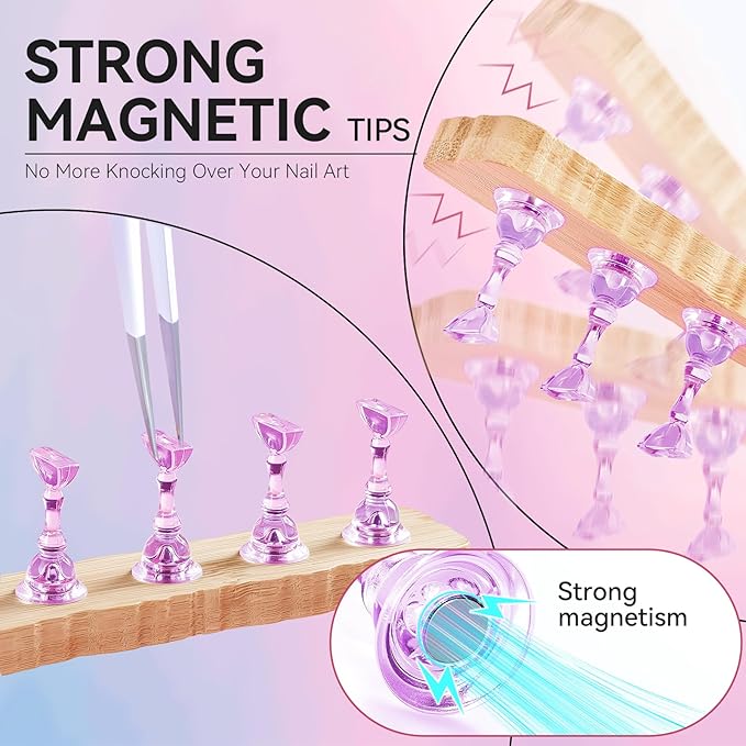 Nail Stand for Press On Art Display Practice 2 Sets, 1 Heart Acrylic Magnetic Nail Stands, Fake Nail Holder Tips, 200 PCS Double-Sided Tape, DIY Kit Home Supplies (Wood And Purple, Medium)