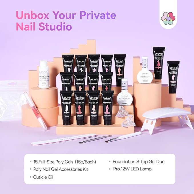 SAVILAND Hema-Free Poly Extension Gel Nail Kit: 15 Colors Poly Gel kit for 4 Weeks Lasting, Natural-Looking Poly Gel Clear White Pink Nude with Slip Solution U V Lamp Suitable for All Seasons Art DIY