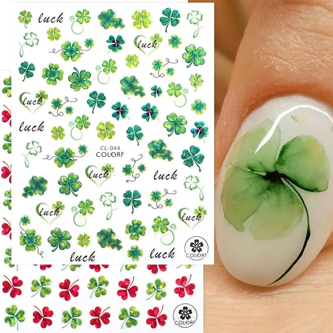 8Sheets St Patricks Day Nail Art Stickers 3D Holographic Shamrock Nails Stickers Self-Adhesive Deisgn Nail Decals Green Lucky Clover of Irish Nail Decorations for Women St. Patrick's Day Manicure Tips