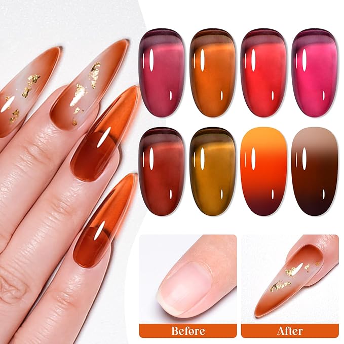 12Pcs Jelly Gel Polish Set Crytal Orange Burgundy Red Transparent Amber Gel, Brown Color Changing Gel Nail Polish Set Fall Winter Manicure Kit 8 Colors