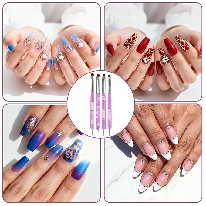 4 Pcs Nail Clean Up Brush French Gel Acrylic Nail Art Brushes Two Way French Tip Brush with Dotting Professional Manicure Tool for Cuticle Clean up Detailed Designs Dotting Pen (10#, 12#, 14#, 16#)