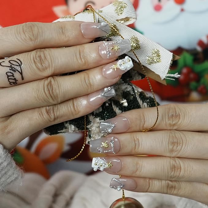 Cat Eye Press on Nails Handmade Short Square - Snowflake & Luxe Tree Light Design with 3D Pearl Gold Star, Winter False Nails for Women Girls (Holiday Cateye,S)