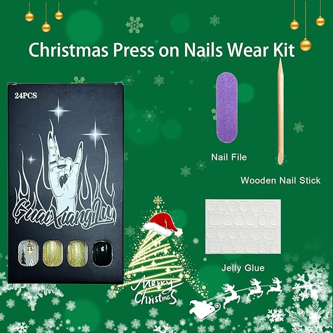 Christmas Press on Nails Short Square Fake Nail with Christmas Tree Designs Green Xmas False Nails Gold Glitter Full Cover Winter Stick on Nail for Women 24 Pcs