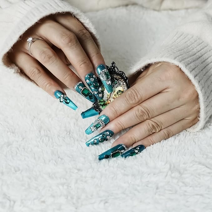 Emerald Luxury Green Press on Nails Long Coffin - Handmade 3D Design with Multi-shape Rhinestones & Crystal Gems Sparkling Elegant False Nails for Women Daily Wear(Emerald Green Sparkle,M)