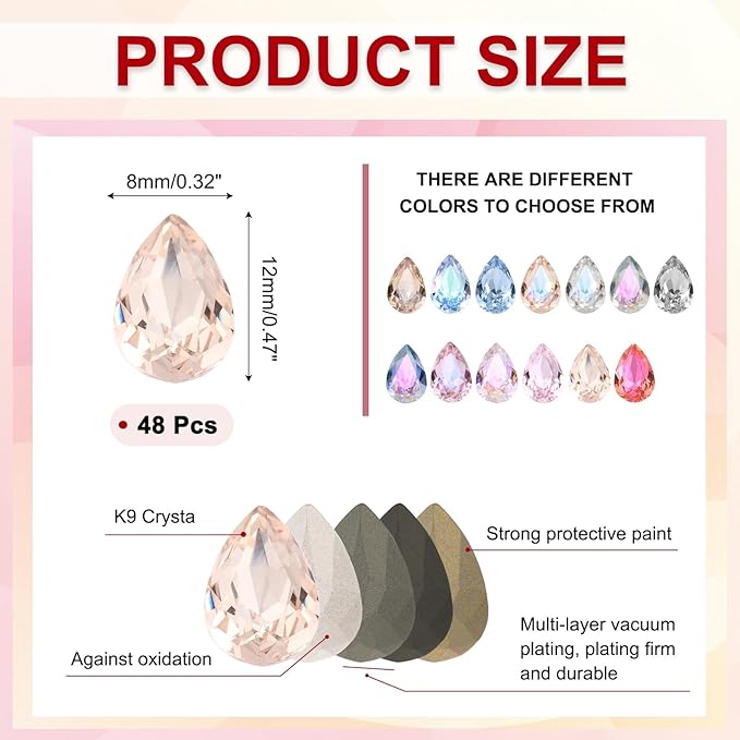 MECCANIXITY 48 Pcs 3D Teardrop Rhinestones Diamond Nail Charm Crystal Pointback K9 Glass Rhinestones Crystal Gems for Jewelry Making, Craft, 8x12mm, Light Yellow