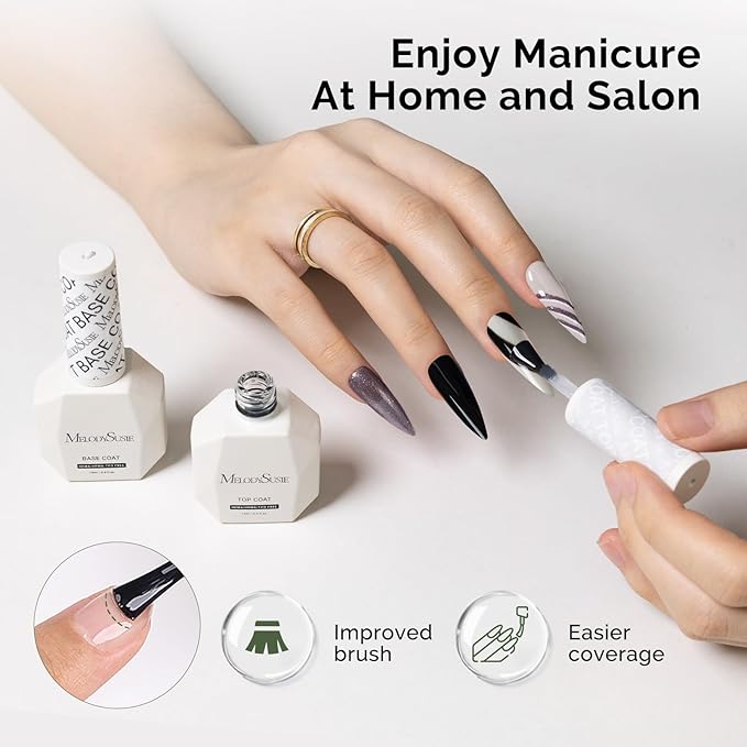 MelodySusie Hema Free Gel Polish Base and Top Coat Set, Tpo Free 2PCS 0.5 Fl Oz Long Lasting Soak Off UV No Wipe Glossy Top Coat and Base Coat for Nail Polish, Nail Art Design Manicure Kit Salon Home