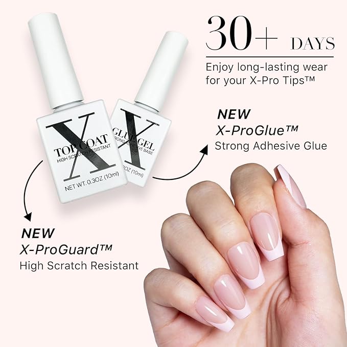 SXC Cosmetics French Tip Press On Nails - Skin Tone Nude and Color Series, Short Coffin X-Pro Tips Starter Kit ST119KIT
