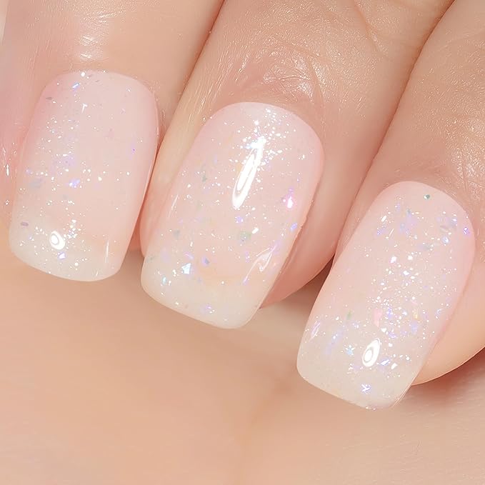 YTD Likomey Brocade Glitter Gel Nail Polish,Nude Iridescent 15ml Milky White Shimmer Jelly Translucent Neutral Holographic Sparkly Flakes Home DIY UV Nail Art Varnish,SF347
