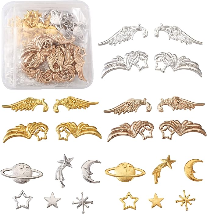 Pandahall 120Pcs Zinc Alloy Cabochons Charms Enamel Settings Mixed Shapes Wing Star Moon Asterism Links Cobochons for DIY UV Resin Epoxy Resin Filling