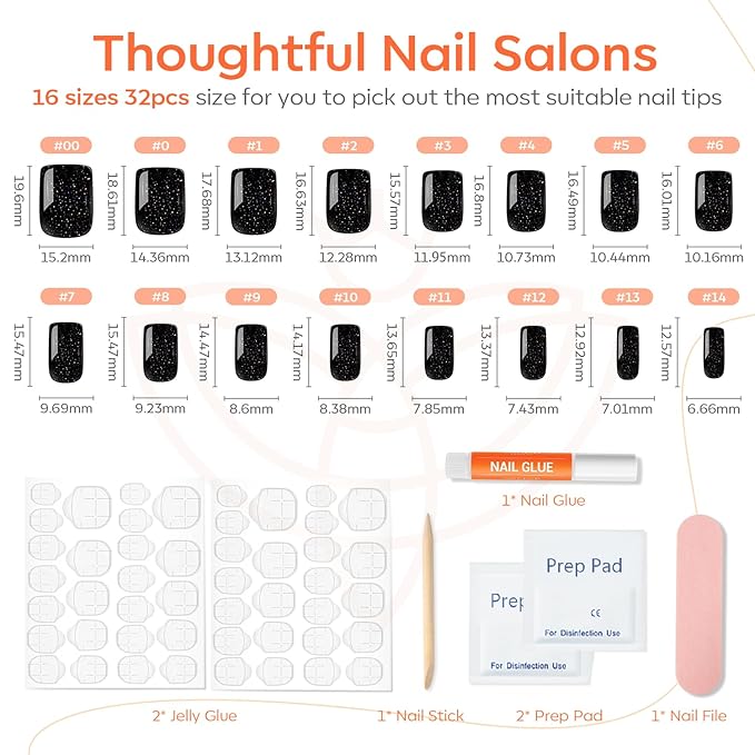 Modelones 32Pcs Sparkle Black Press on Nails, Glitter Short Square Fake Nails, Reusable Nail Kit with Nail Glue Adhesive Tabs Mini Nail File, Nails Press Ons 16 Sizes, Women Girl Gift