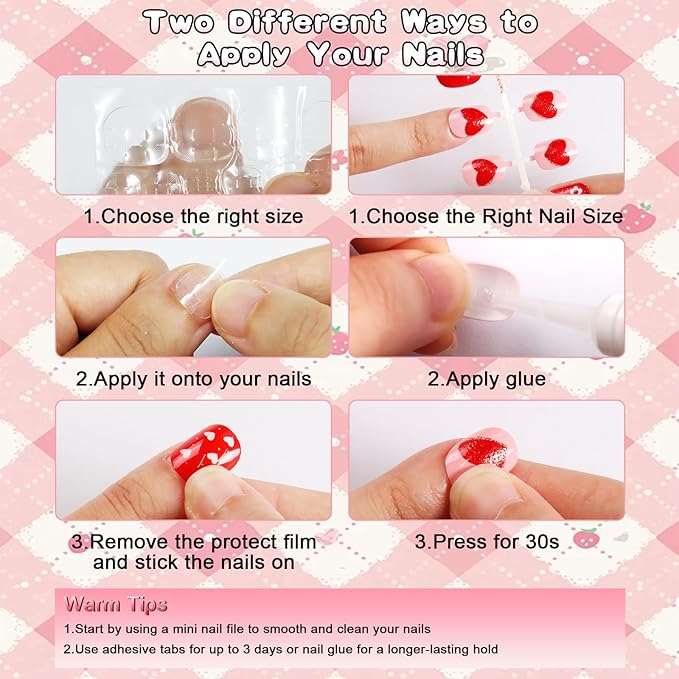 SIUSIO 3Pack Children Acrylic Fake Nails, 72pcs Press on Full Cover Glitter Short Red Heart False Nail Art Kits Set with Sticker Tabs Nail Glue for Kids Little Girls Christmas Gifts - Blossom Sweetie