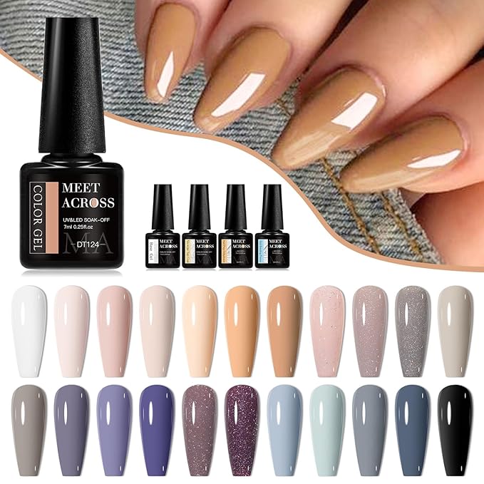 MEET ACROSS Nude Gel Nail Polish Kit 22 Colors Gel Polish Set Skin Tones Neutral Gray Purple Series Soak Off Uv Led Lamp Gel Nail Kit DIY Nail Art Salon Home Gift 30Pcs