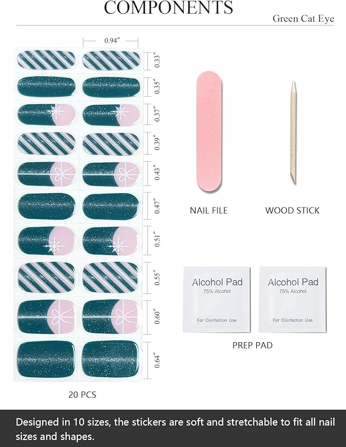 Semi Cured Gel Nail Strips (Green Cat Eye), Christmas Snowflake, Bow, 20 Pcs Gel Nail Wraps, Stickers, Long Lasting, Works with Any UV Lamps