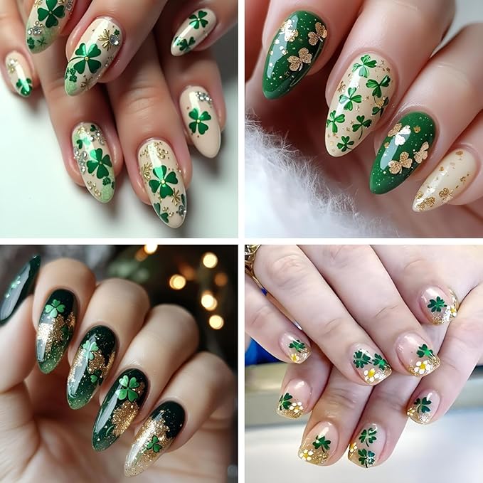 6 Sheet St. Patrick’s Day Nail Stickers – Irish Shamrock Green Clover Carnival Festival Fake Nail Decals 3D Self-Adhesive for Women Girls Summer Holiday Nail Art Decorations