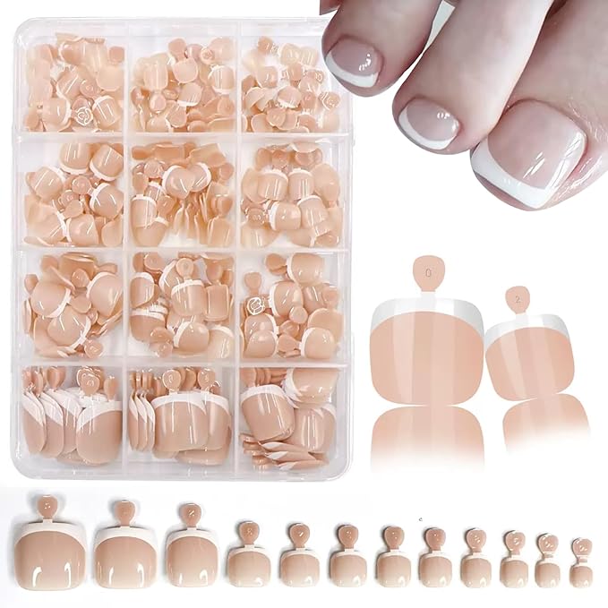 240pcs Press On Toenails White French Tip Fake Toenails Short Square False Toenails Fit Perfectly Press on Toe Nails 12 Size Full Cover Acrylic Toe Nails Glossy Glue On Toenail for Women Manicure
