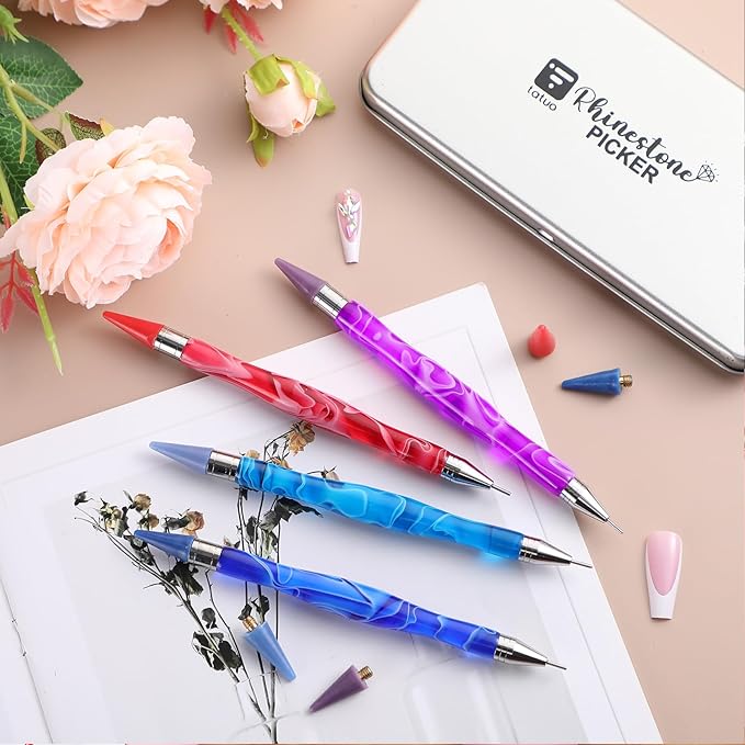Tatuo 4 Pcs Dual Ended Nail Rhinestone Picker Tool Wax Tip Comfort Rhinestone Pen Tool Ergonomic Grip Dual End Pick Up DIY Dotting Pen for Nail Gems Stones Crystals Art Crafts(Classic Color)
