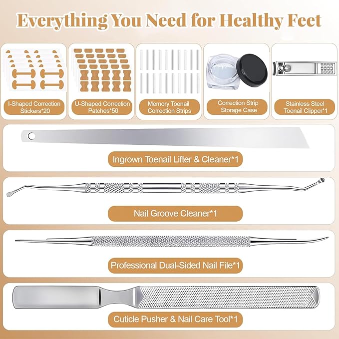 Ingrown Toenail Removal & Corrector Kit for Fast Pain Relief - Professional Ingrown Toenail Treatment Kit with Curved Strips, Breathable Patches & Pedicure Tools, Prevention & Healthy Nail Growth