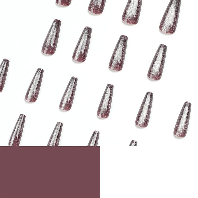 Press on Nails Long Coffin Haze Purple Cat Eye Fake Nails Acrylic Glue on Nails with Silver Glitter Designs Full Cover Acrylic Nails Press ons for Women Daily Wear 24 Pcs