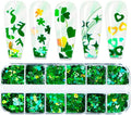 Nail Art Glitter Green Sequins 3D Holographic Laser Hearts Stars Leaves Clovers Nail Acrylic Stickers Spring Shiny Flakes Nail Supplies for St. Patrick's Day Decor 12 Grids