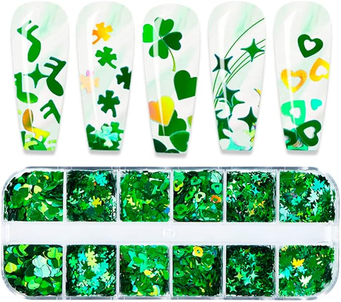 Nail Art Glitter Green Sequins 3D Holographic Laser Hearts Stars Leaves Clovers Nail Acrylic Stickers Spring Shiny Flakes Nail Supplies for St. Patrick's Day Decor 12 Grids