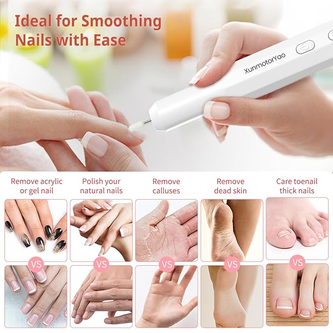 Cordless Nail Drill Kit,Electric Nail File for Acrylic Gel Nails 3 Speeds Adjustable Rechargeable Electric Nail Tools Manicure and Pedicure Kit for Home&Salon(White)