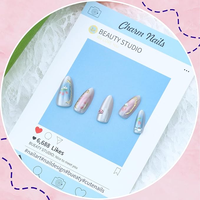 30Pcs Spring Flower Press on Nails Medium Almond Fake Nails with 3D Pearl Rhinestones Gradient Designs Glue on Nails Gold French Line Acrylic Nails Summer False Nails Stick on Nails for Women