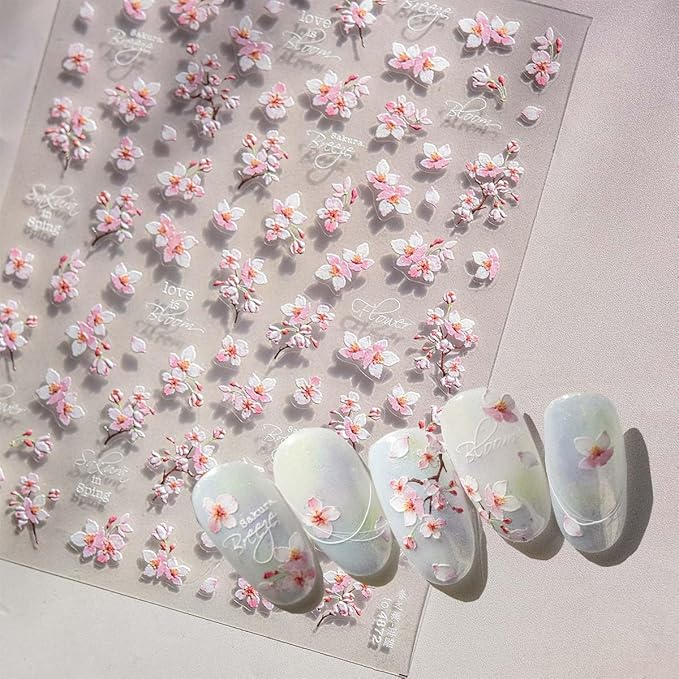 5D Embossed Flower Nail Art Stickers Cherry Blossoms Nails Decals White Pink Sakura Floral Nail Stickers Spring Summer Nails Design Flower Supplies for Women DIY Manicure Decoration Accessories 1Pcs