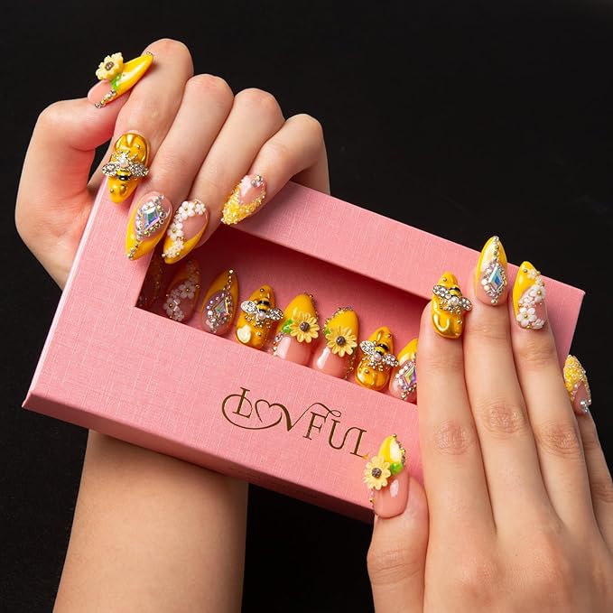 LOVFUL Press on Nails Honey Bee Yellow | Handmade with Full Covered Crystals | Reusable Fake Nails | Almond Regular 1.0 in | H101-L