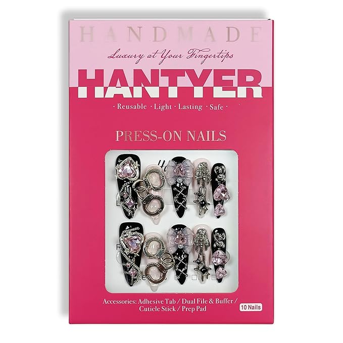 Gothic Y2K Press on Nails, Long Stiletto Glossy Nails in Black & White, Handmade Nails with 3D Charms (Bow/Handcuff/Skull) & Heart Rhinestones, Edgy Party Style for Women(Size L)