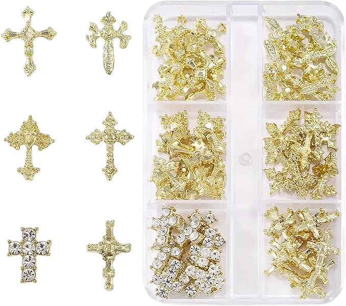 3D Cross Nail Charms for Nail Art, 60 Pcs Metal Crystal Cross Nail Decorations, Alloy Nail Studs and Rhinestones for Women Girl DIY Jewelry Crafts Supplies (Gold)