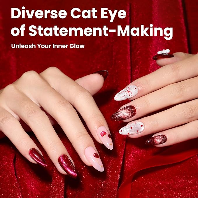 Beetles Red Cat Eye Gel Nail Polish Set - Sultry Burgundy Cat Eye Gel Polish, 6 Colors Christmas Gel Polish Kit Burgundy Dark Red Glitter Red Magnetic Soak Off UV Nail Art Manicure Gift for Women