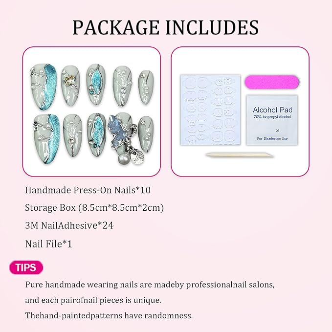 Almond Handmade Press on Nails Blue Glitter Acrylic Nails with 3D Irregular Pendant Design Nature Handmade Pearl Rhinestone Embossed Fake Nails Reusable Muti-Layer Gel Stick on Nails for Women (S)