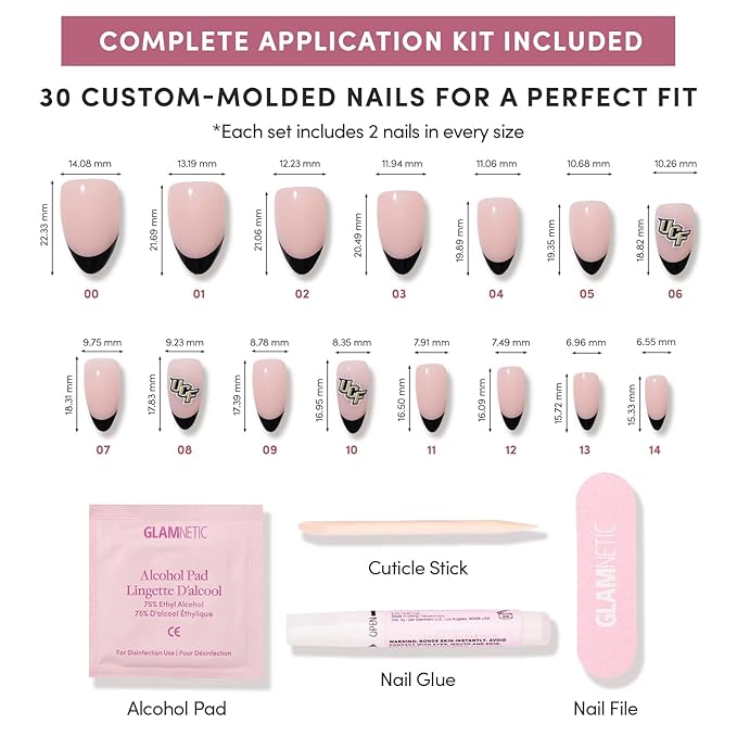 Glamnetic x Fanatics Press On Nails - UCF Knights | Short Almond Fake Nails, Collegiate Knights Black French Tips, College Nails, Salon-Quality | 15 Sizes - 30 Nail Kit with Glue