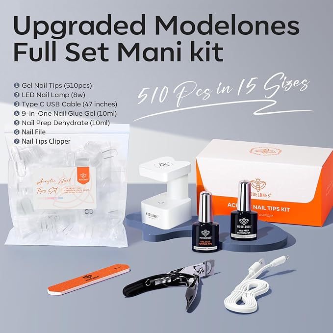 modelones X Nail Gel Kit Medium Coffin, Upgrade 510Pcs Fake Nails, 9-in-One Glue Prep Dehydrator & Portable Mini U V Light Acrylic Clipper, Coffin Tips Extension Kit for DIY Salon Home Gifts