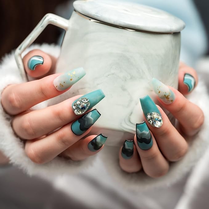 Sun&Beam Nails Handmade Long Coffin Ballerina Black Blue False Nail Tips with Cute 3D Diamond Popular Charm Design Press On Nails 10 Pcs (#71 M) (FN-HM-071-M.AU)